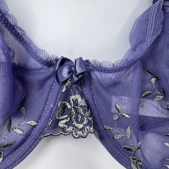 Purple Mesh Embroidered Underwire Bra 36D Floral Lace Unlined Sheer Fairy - Picture 2 of 7